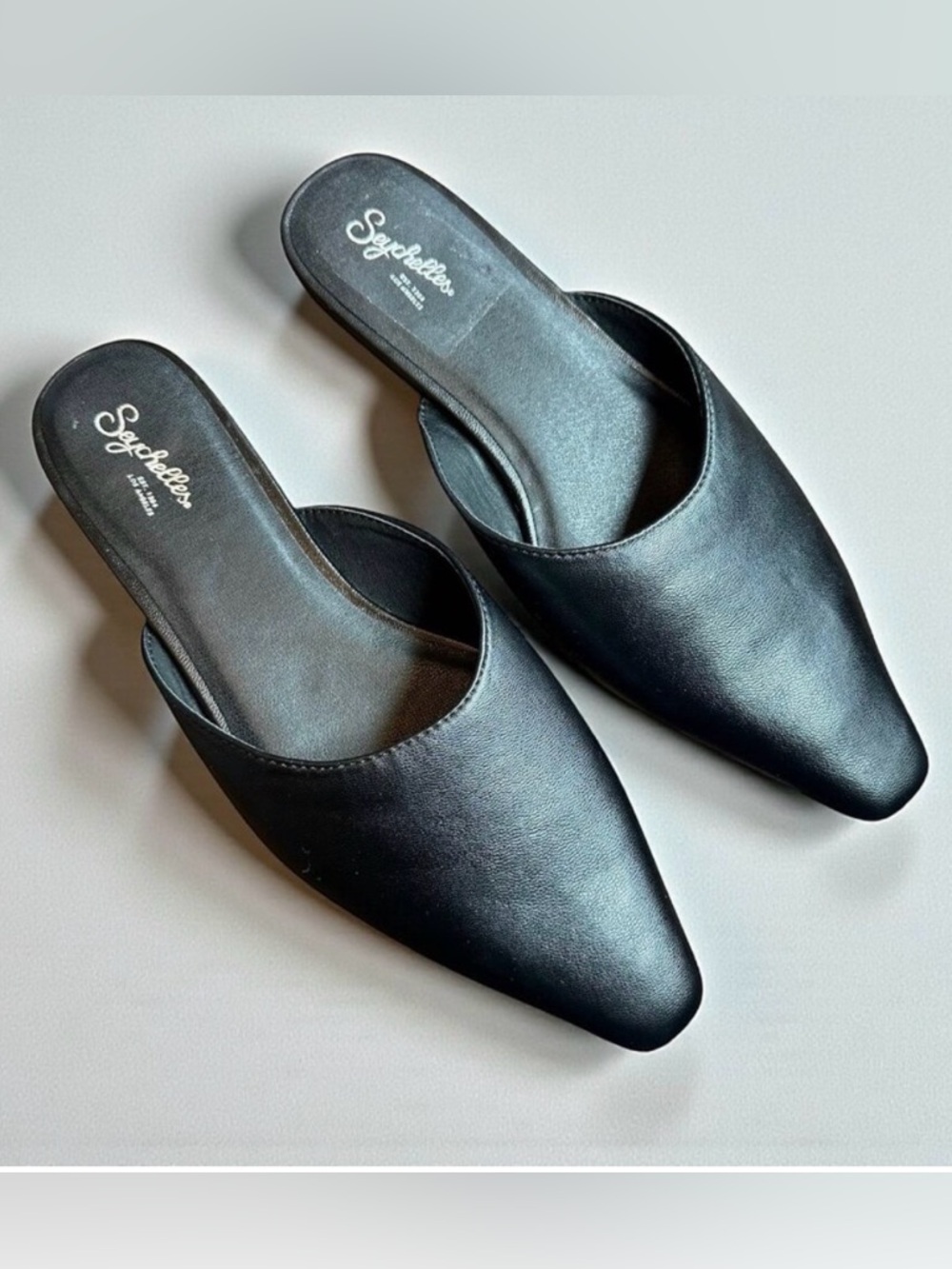 Seychelles Black Pointed-Toe Leather Slip-On Mules